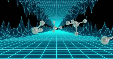 Image of 3d micro of molecules over metaverse on black background Stock Illustration