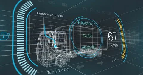 Image of 3d model of car with digital interface and data processing Stock Illustration
