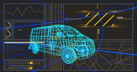 Image of 3d model of car with digital interface and data processing Stock Illustration