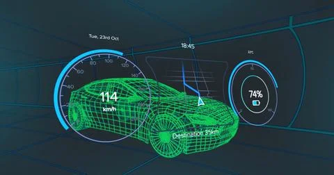 Image of 3d model of car with digital interface and data processing Stock Illustration