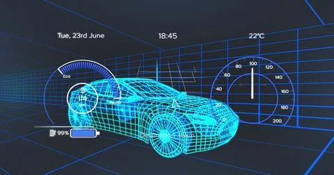 Image of 3d model of car with digital interface and data processing Stock Illustration