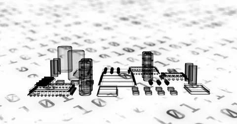 Image of 3d model of electrical components over binary codes against white Illustrazione stock