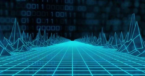 Image of 3d model of grid pattern forming mountain over binary codes against Stock Illustration