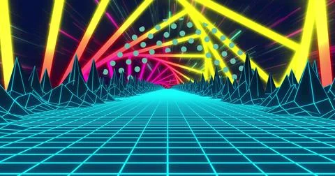 Image of 3d model of mountains on grid pattern over multicolored tunnel Foto stock