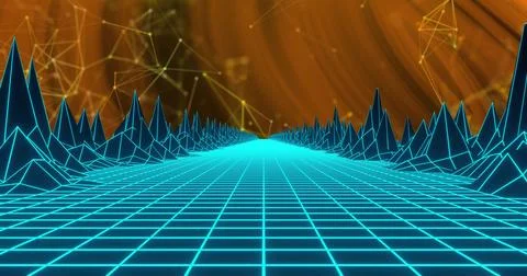 Image of 3d model of mountains on grid pattern over connected dots against Foto stock