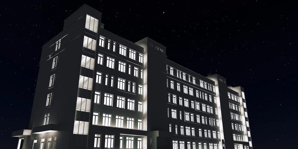 Image of a 3D model of a multi-storey building at night	 Ilustración de archivo