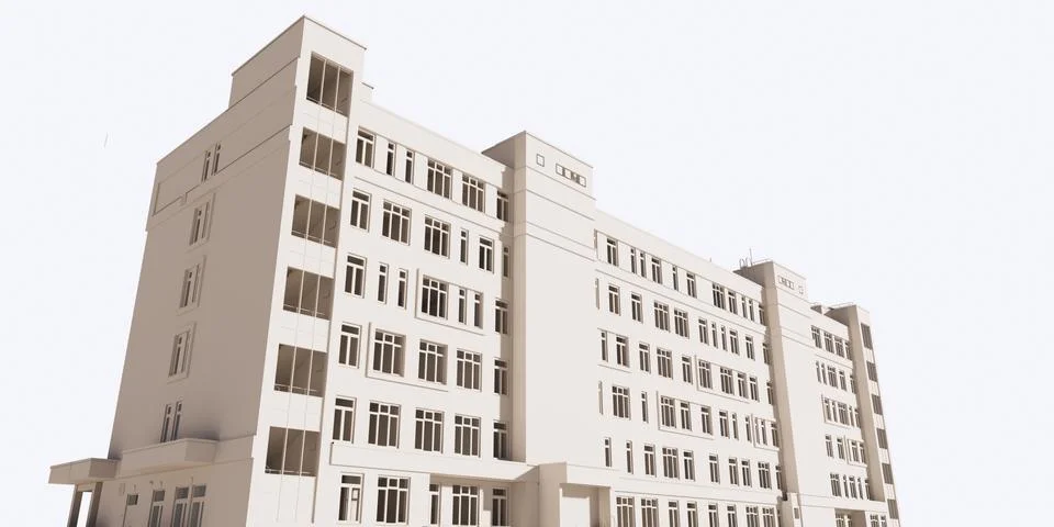 Image of a 3D model of a multi-storey building on a white background Ilustración de archivo