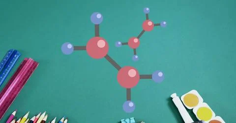 Image of 3d molecular models over stationery and school equipment on green table Stock Illustration