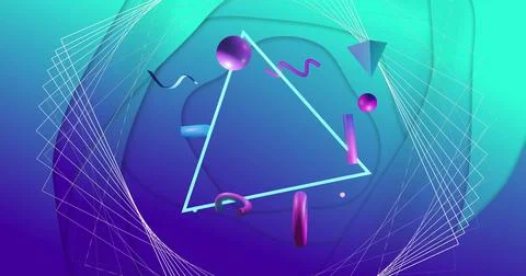 Image of 3d network structure with rotating triangle and 3d shapes on abstract Stock Illustration