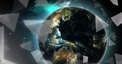 Image of 3d triangles and connected dots with rotating globe over abstract Stock Illustration