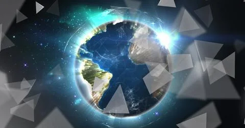 Image of 3d triangles and connected dots with rotating globe over abstract Stock Illustration