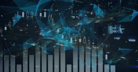 Image of 3d triangles and multiple graphs over time lapse of moving vehicle.. Stock Photos