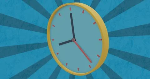 Image of 3d yellow clock icon rotating over radial stripes on blue background Stock Photos