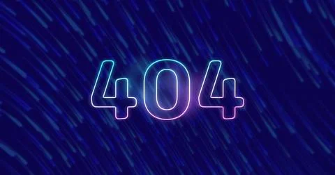 Image of 404 neon text over light trails on dark background Stock Illustration