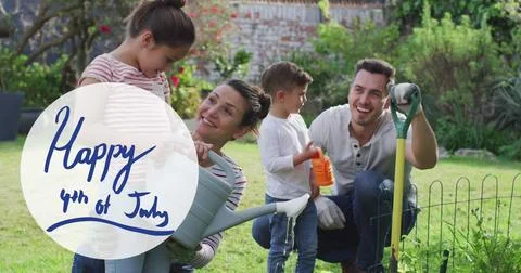 Image of 4th of july text over caucasian couple with son and daughter gardening Fotos Stock