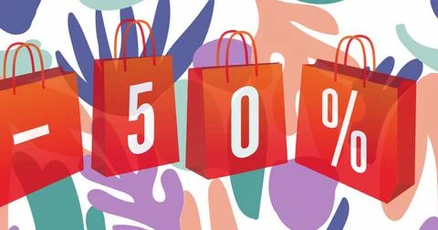 Image of 50 percent off written on red shopping bags over pastel abstract shapes Ilustração Stock
