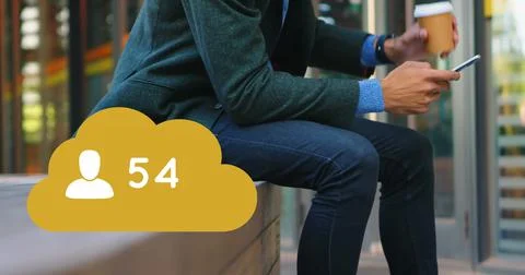 Image of 53 users in cloud and caucasian man with coffee and smartphone Stock Photos