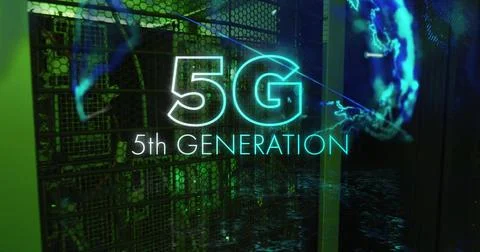 Image of 5g 5th generation and digital data processing with globe over computer Stock Photos