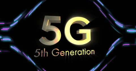 Image of 5g 5th generation over moving lines on black background Stockfoto's