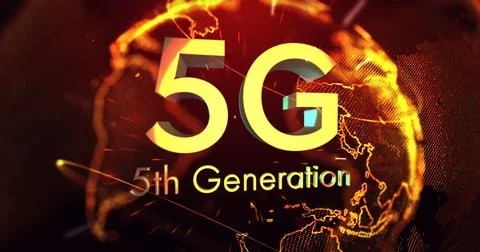 Image of 5g 5th generation text over spinning glowing globe Illustrazione stock