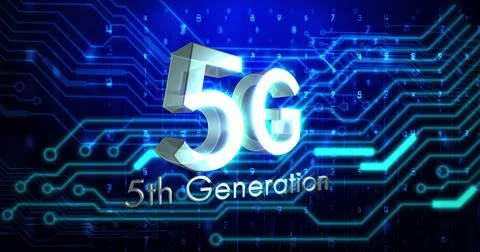 Image of 5g 5th generation text over glowing computer circuit board elements 스톡 일러스트