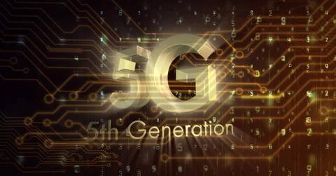 Image of 5g 5th generation text over glowing circuit board elements and numbers Illustrazione stock