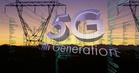 Image of 5g 5th generation text over data processing and electricity pylons in Stock Illustration