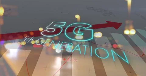 Image of 5g 5th generation text over arrow pointing up with statistics and Ilustración de archivo