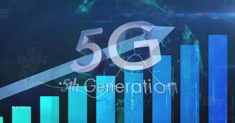 Image of 5g 5th generation text over statistics processing with blue arrow Stock Illustration