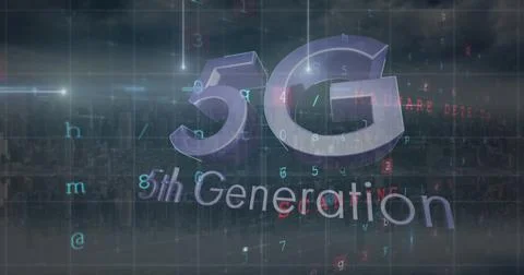 Image of 5g 5th generation text and cyber attack warning over cityscape Stock Illustration