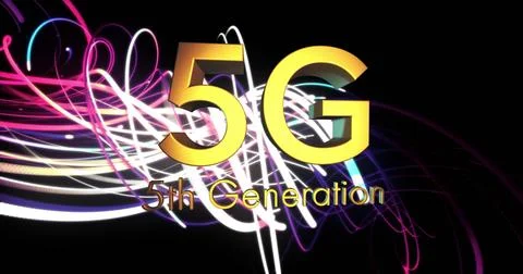 Image of 5g 5th generation text over light trails on black background Stock Illustration