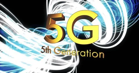 Image of 5g 5th generation text over light trails on black background Stock Illustration