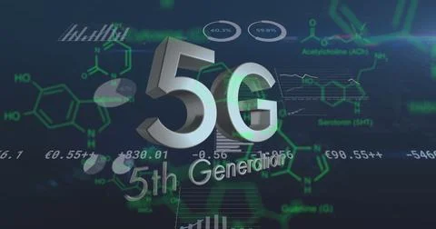 Image of 5g 5th generation text over chemical structural compounds and data Stock Illustration