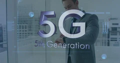 Image of 5g 5th generation text over businessman checking time in background Stock Photos