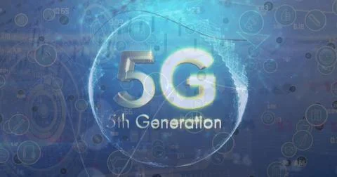 Image of 5g 5th generation text over icons and data processing on blue back.. Stock Photos