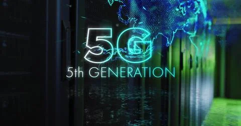 Image of 5g 5th generation text and digital data processing over computer Stock Photos