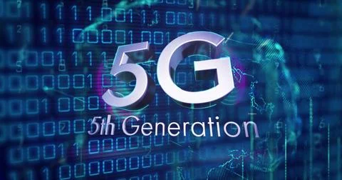 Image of 5g 5th generation text and binary coding digital data processing Stock Photos