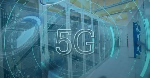 Image of 5g and data processing over servers Foto stock