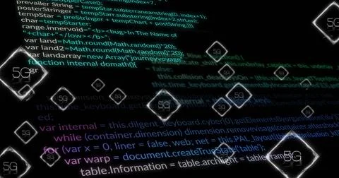 Image of 5g over data processing on black background 스톡 사진