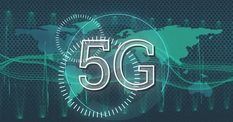 Image of 5g over world map and green background Ilustração Stock