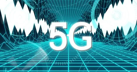 Image of 5g text and data processing over digital mountains イラスト素材