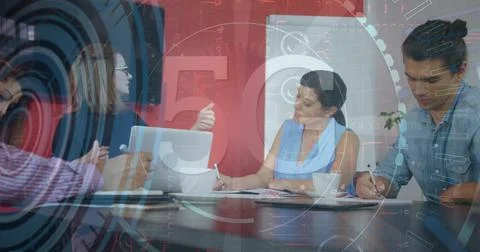 Image of 5g text and data processing over diverse business people in office Stock Illustration