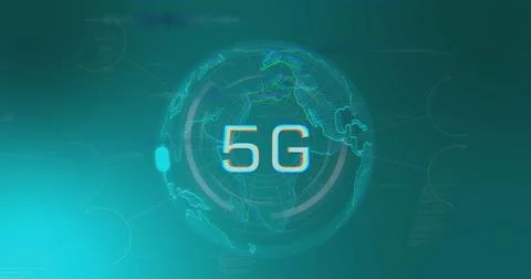 Image of 5g text and data processing over globe 库存插图