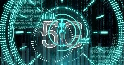 Image of 5g text and data processing over walking skeleton Illustrazione stock