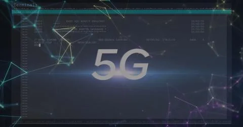 Image of 5g text and data processing with networks of connections on computer 스톡 사진
