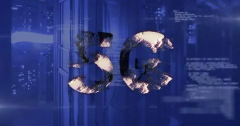 Image of 5g text and data processing over computer servers Stock Photos