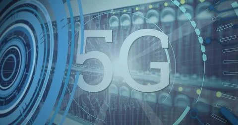 Image of 5g text and data processing over server room Stockfoto's