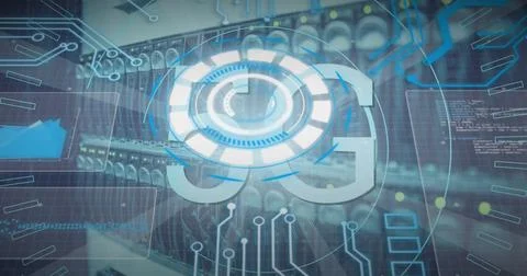 Image of 5g text and data processing over server room Stockfoto's