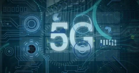 Image of 5g text and data processing over dark background Foto stock