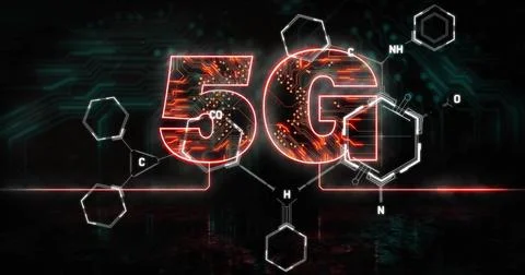 Image of 5g text and digital data processing over black background 스톡 일러스트
